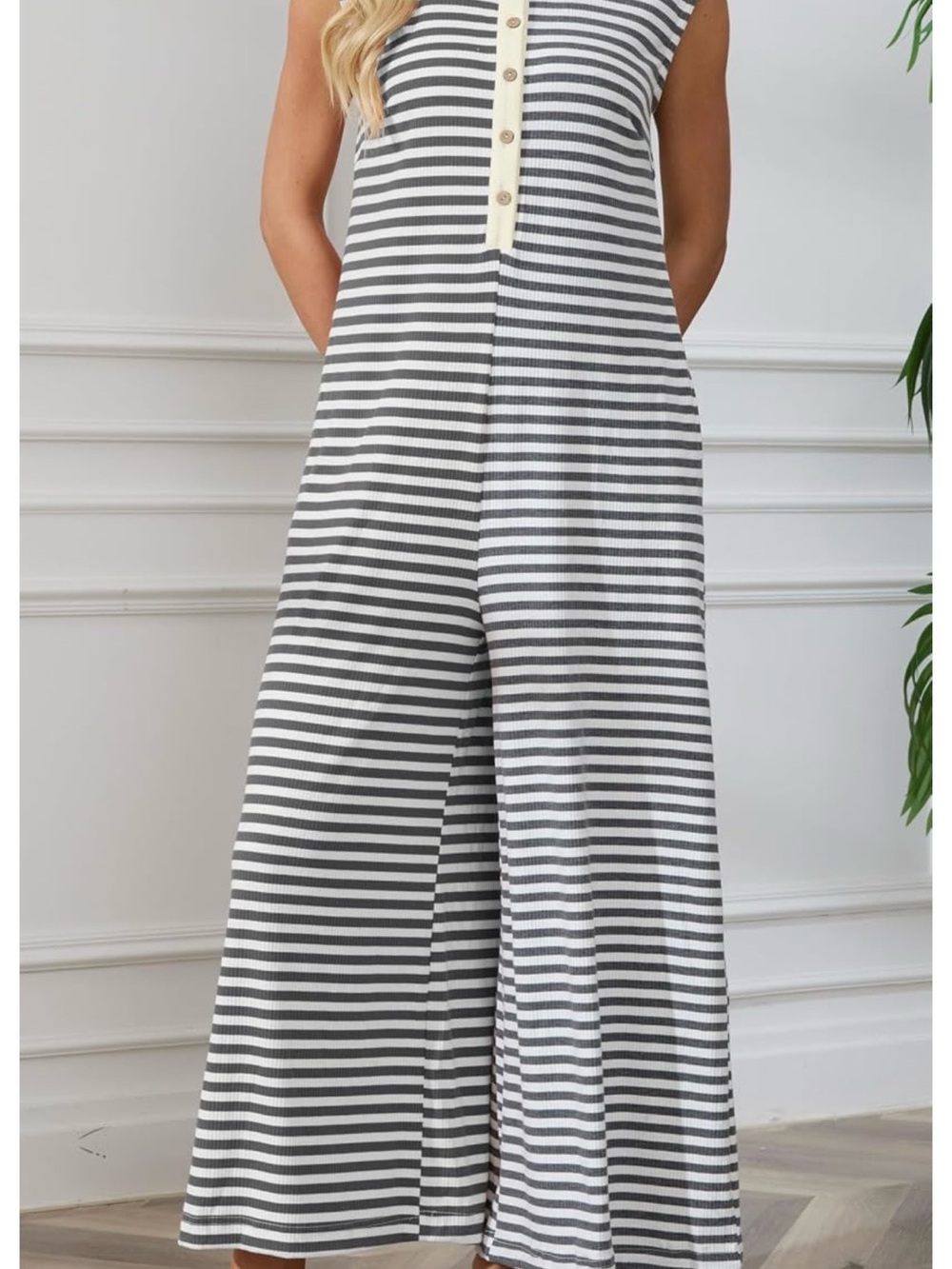 Striped Wide-Leg Jumpsuit Romper in Gray and White